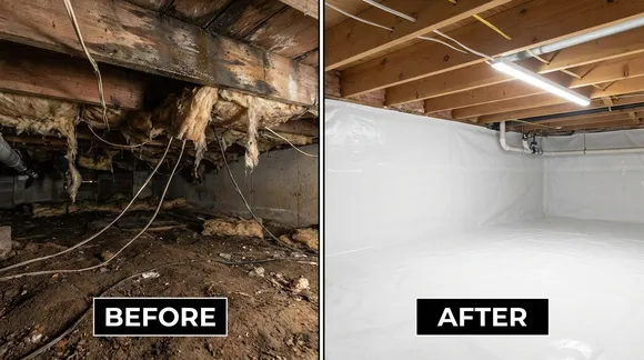 Before and after comparison: a damp, exposed crawlspace beside the same space sealed and brightened