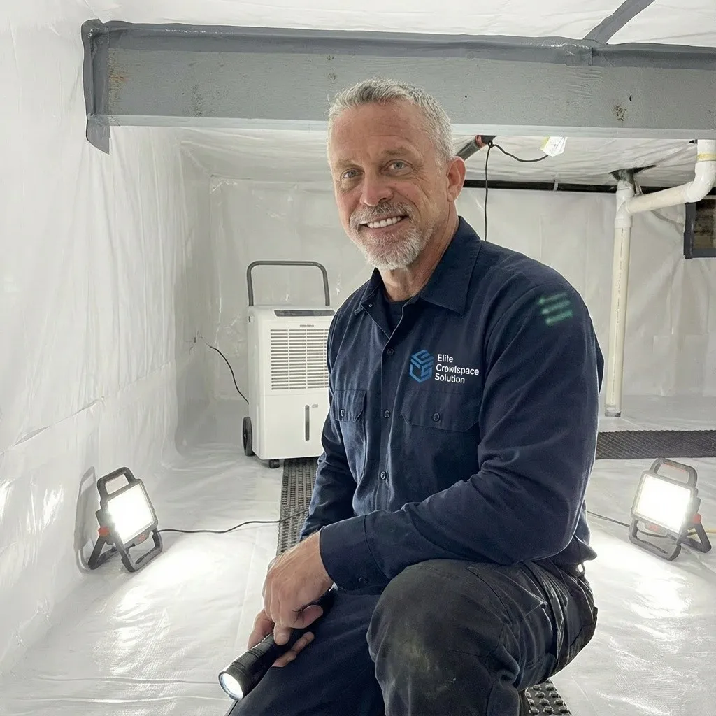 Elite Crawlspace Solutions technician inspecting a sealed crawlspace with a flashlight