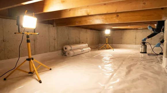 Crawlspace mid-remediation with work lights and rolls of new liner ready to install