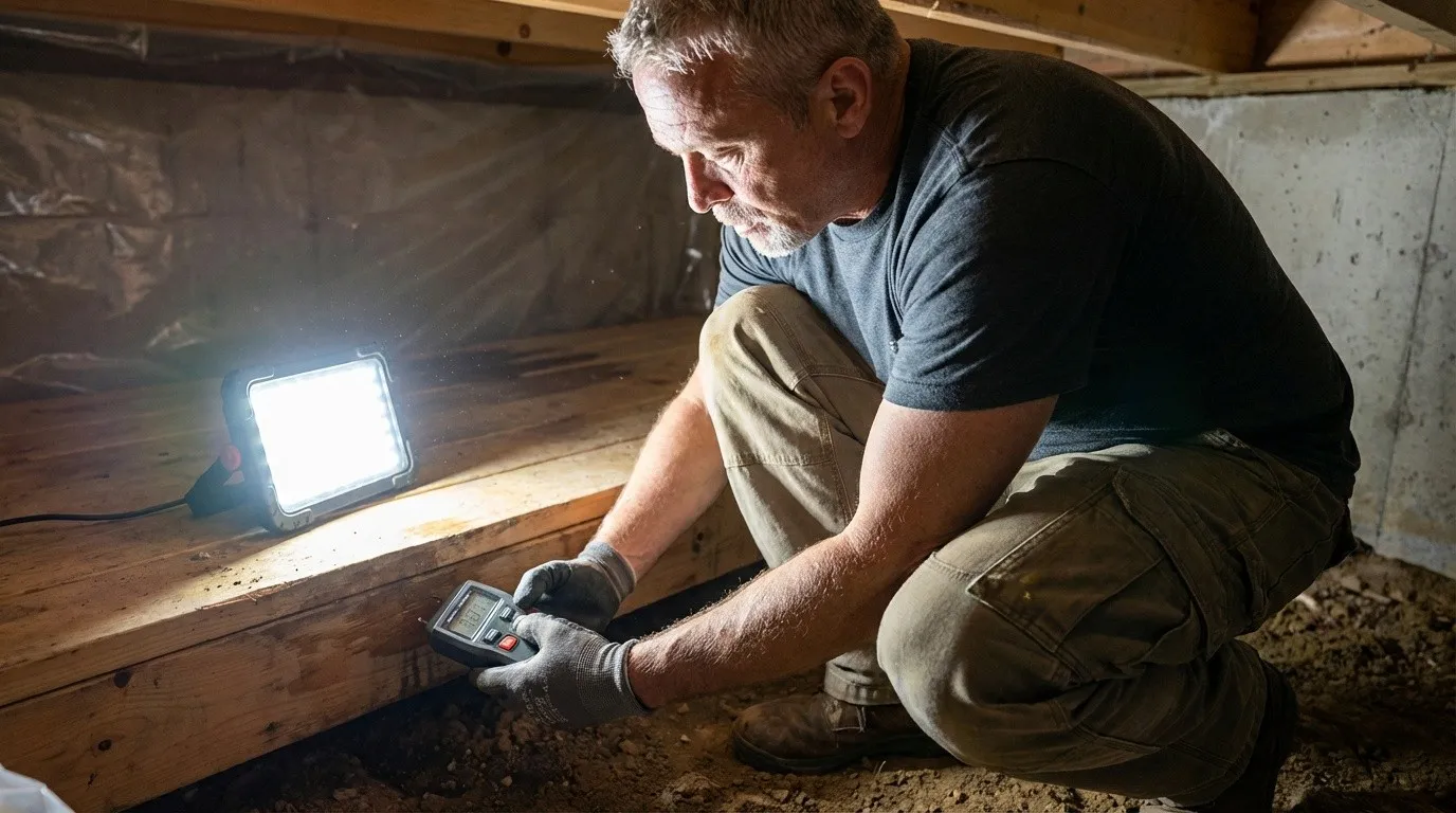 Technician measuring moisture levels in a crawlspace with a handheld meter