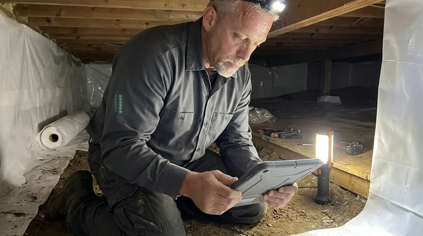 Technician reviewing an encapsulation plan on a tablet inside a crawlspace