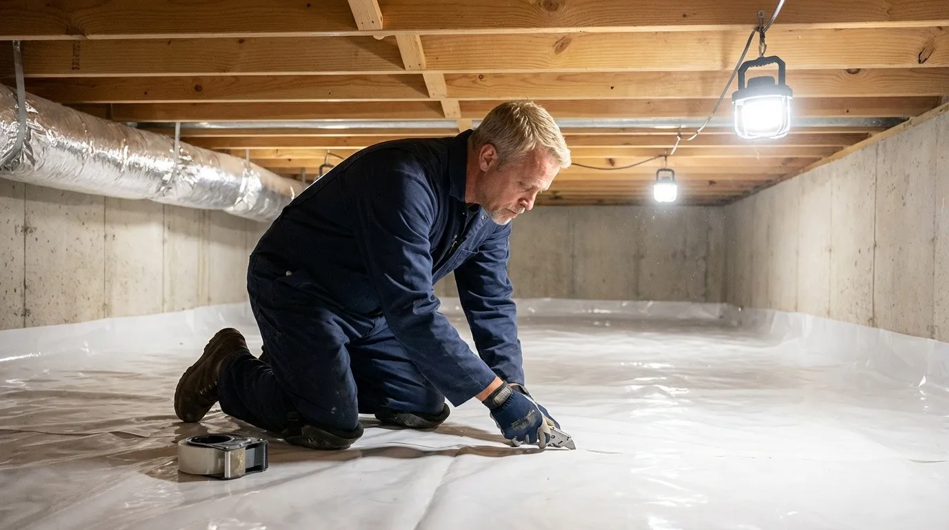Technician installing a vapor barrier across a crawlspace floor