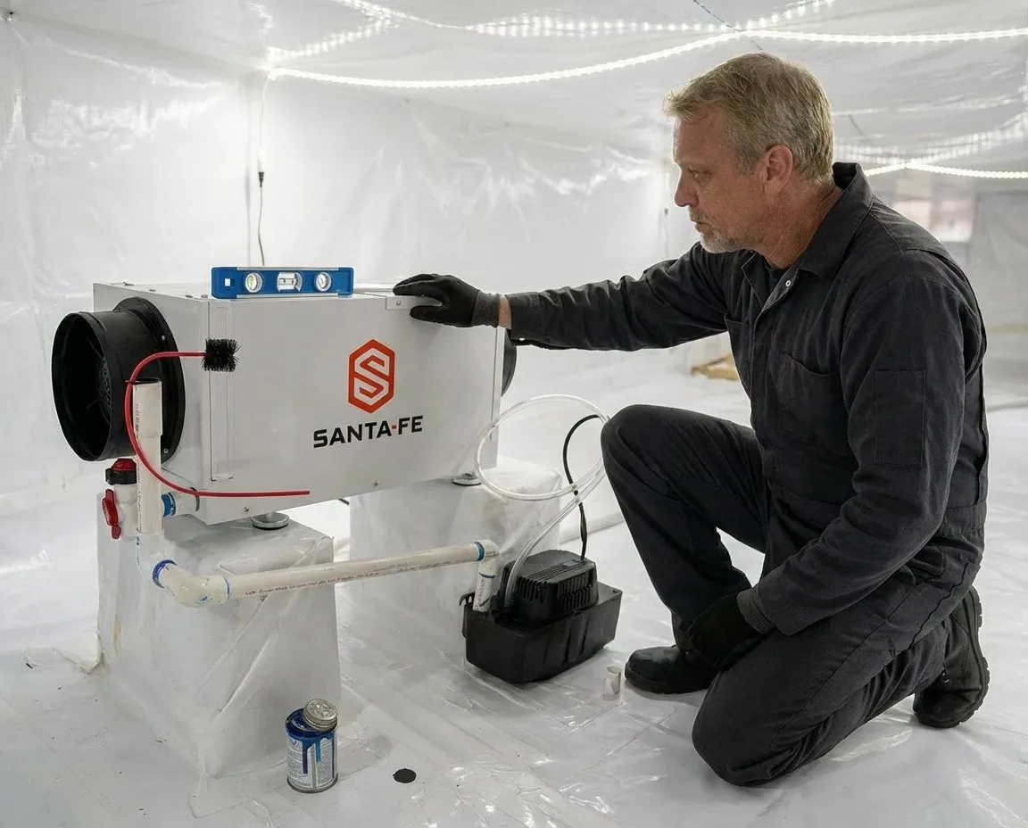 Technician setting up a Santa Fe dehumidifier in a finished, encapsulated crawlspace